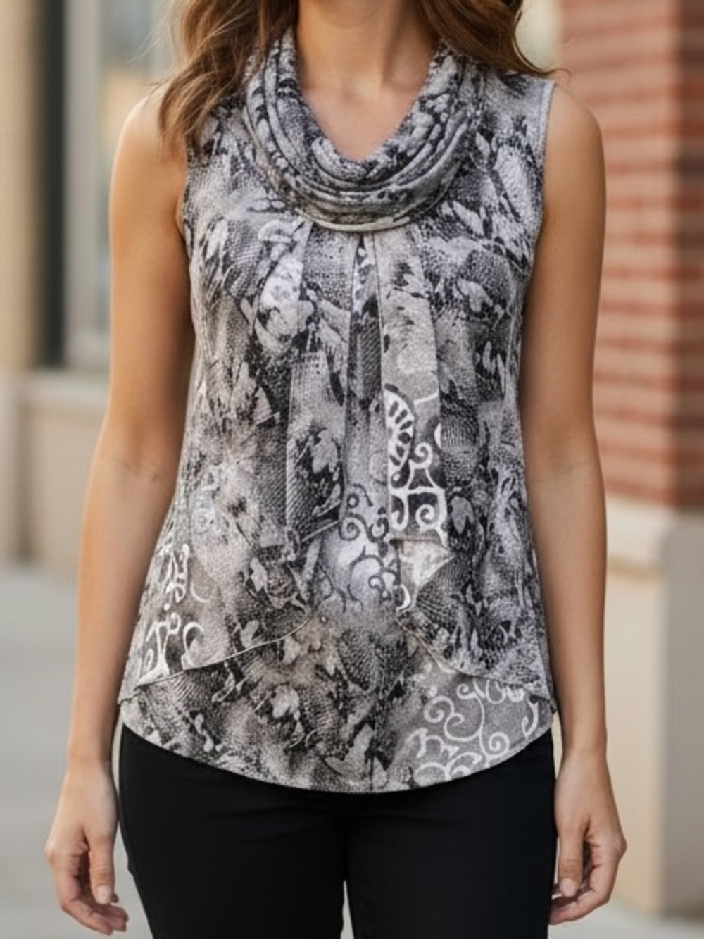 Milano Snakeskin Print Sleeveless Blouse Cowl Neck XL